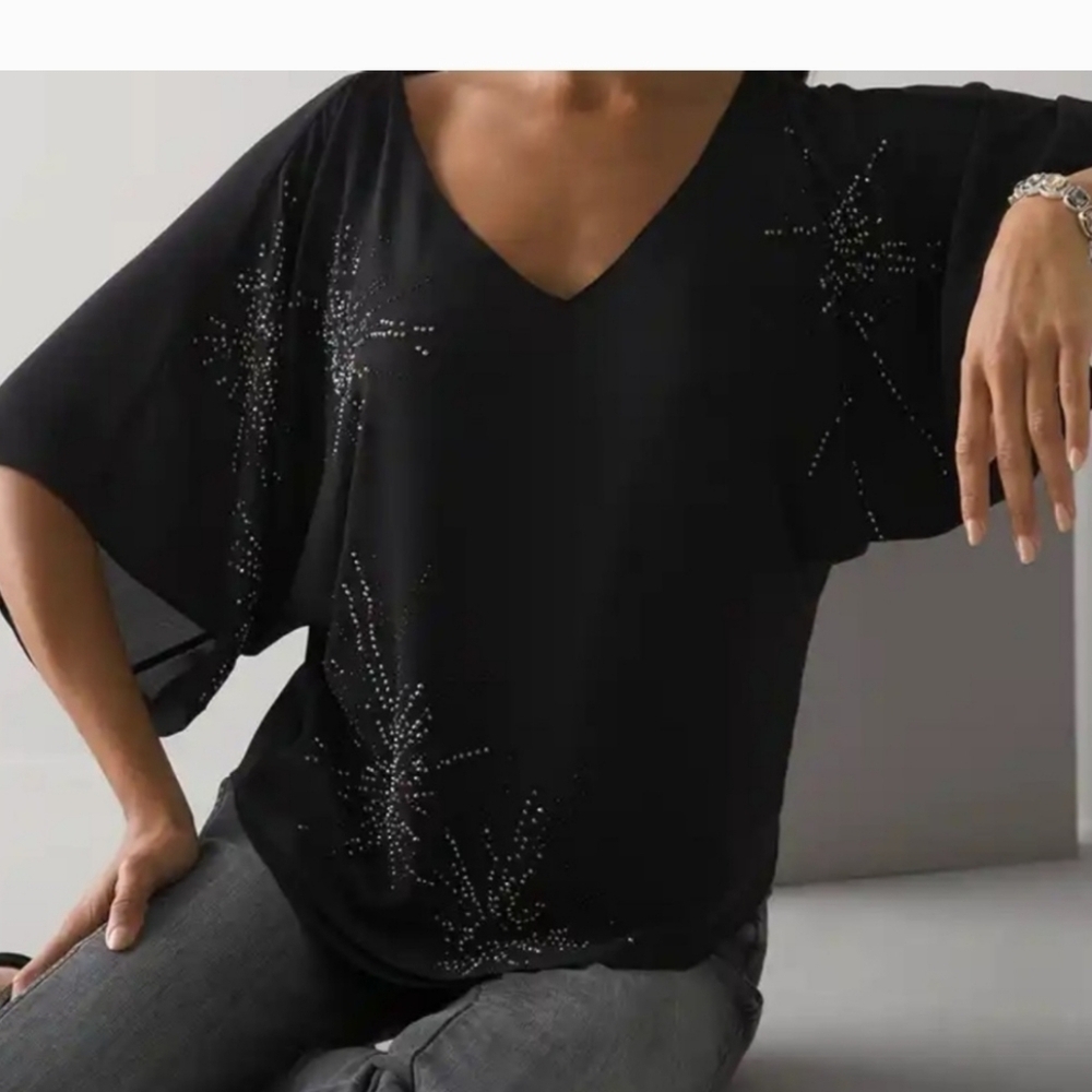 White House Black Market Top Embellished Kimono Sleeve Blouse Black Women SZ XXS